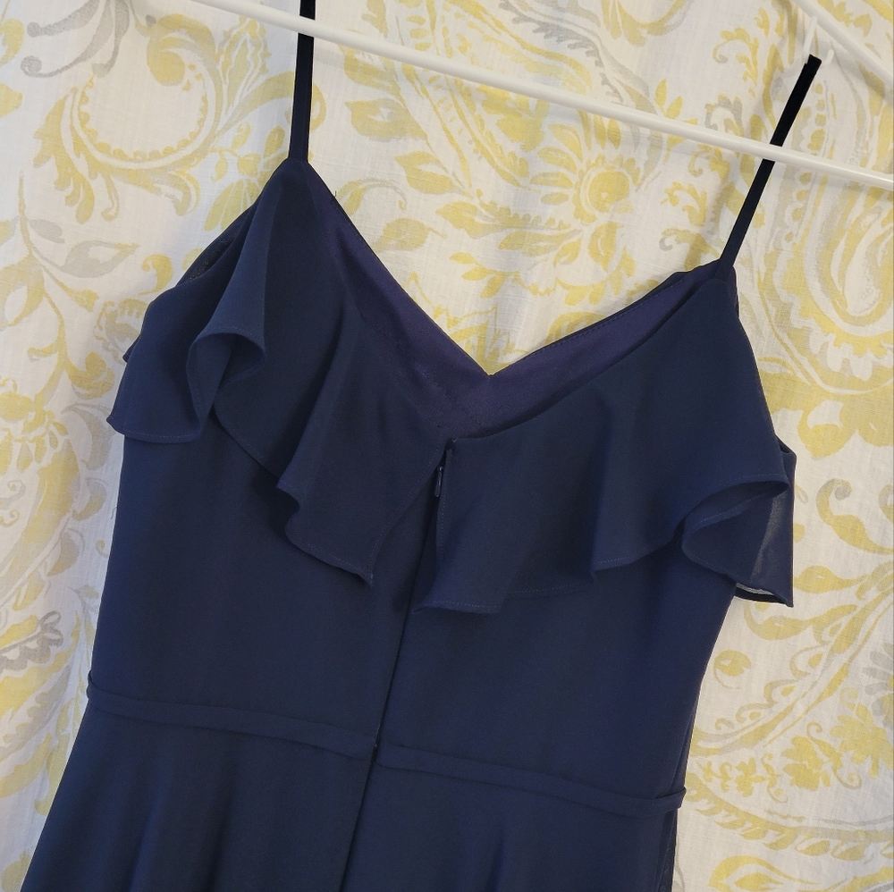 #LEVKOFF Ruffle V-Neck Chiffon Gown In Navy Color - Picture 8 of 11